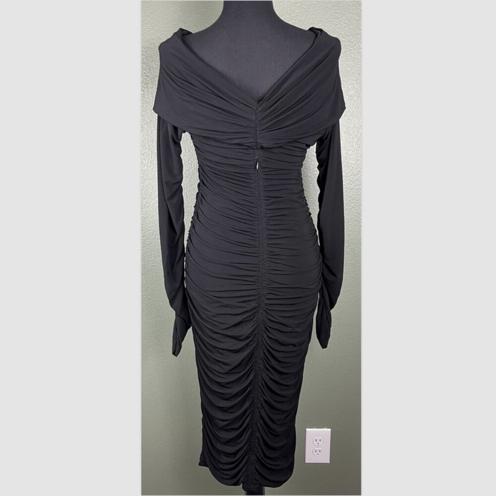A.L.C. Dress Off Shoulder Sz L Black Ruched Stretch Jersey Midi NWT - Picture 4 of 6
